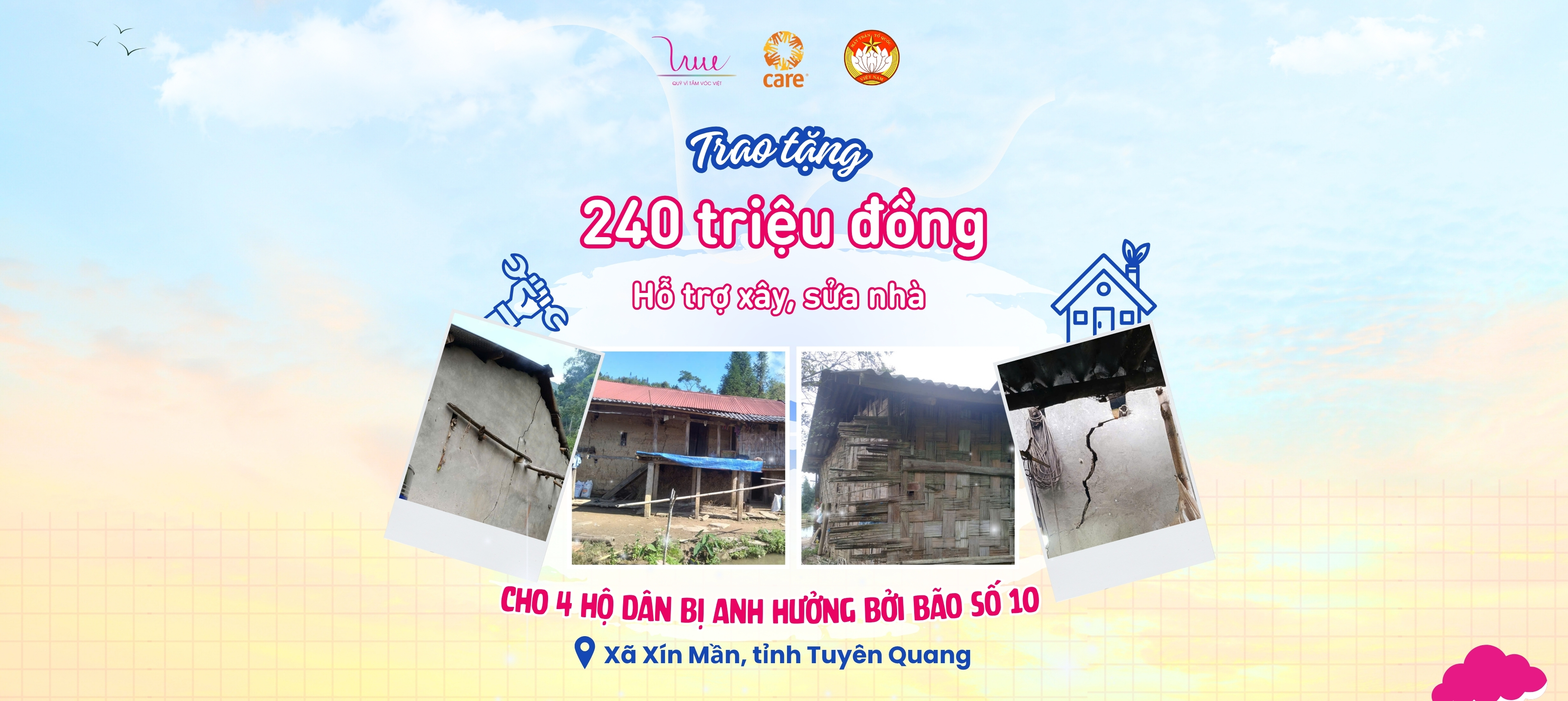 Trao tặng 240 triệu đồng xây 4 nhà đại đoàn kết cho hộ dân khó khăn bị ảnh hưởng bởi bão lũ tại Tuyên Quang